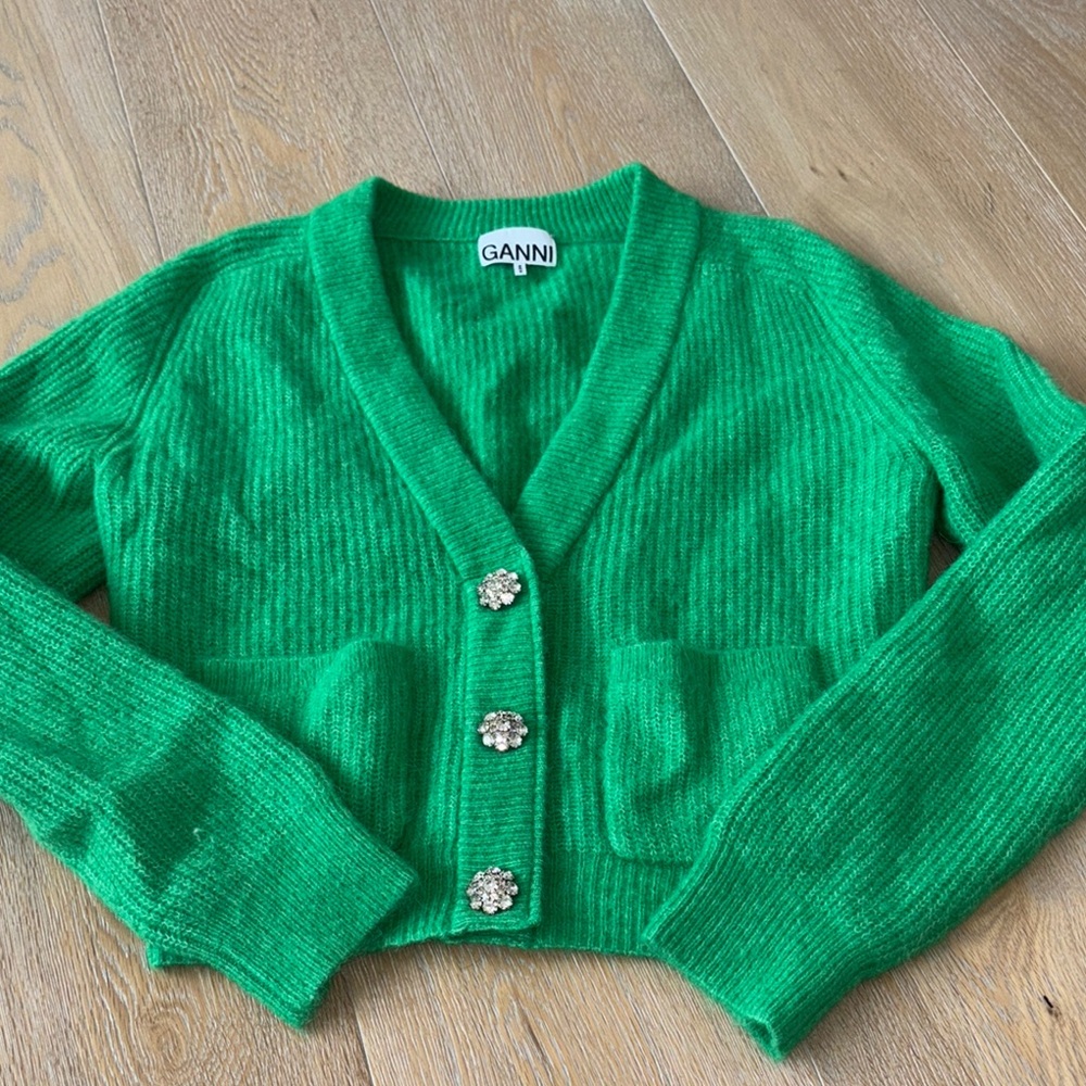 Ganni Green Cropped Cardigan Sweater